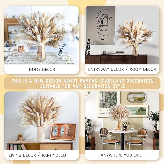 150PCS Natural Pampas Grass Bouquet |Mix Dried Flowers Bouquet for Wedding Decor Boho Decor Home Table Decor Desk Decor, Rustic Farmhouse