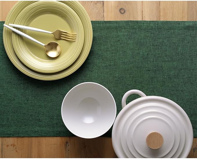 Solino Home Linen Small Table Runner 60 Inches - Athena, 100% Pure Linen Forest Green Table Runner 14 x 60 Inch Ideal for Dresser and Coffee Tables - Winter, Easter, St Patricks Day