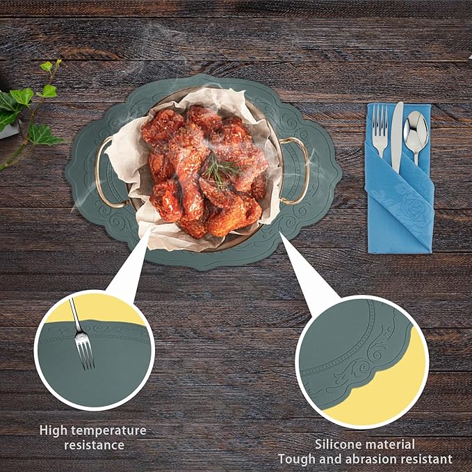 Silicone Placemats Set of 4, Oval Heat Resistant Non-Slip Table Mat, Waterproof Silicone Placemat, Baking Mats, Easy to Clean Table Protector Mat by Siliconty(4, Dark Green)