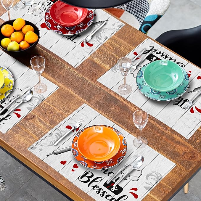 Farmhouse Kitchen Table Placemats - Rustic Place Mats Set of 4 White Wood Table Mats 12x18 for Party Dining Table