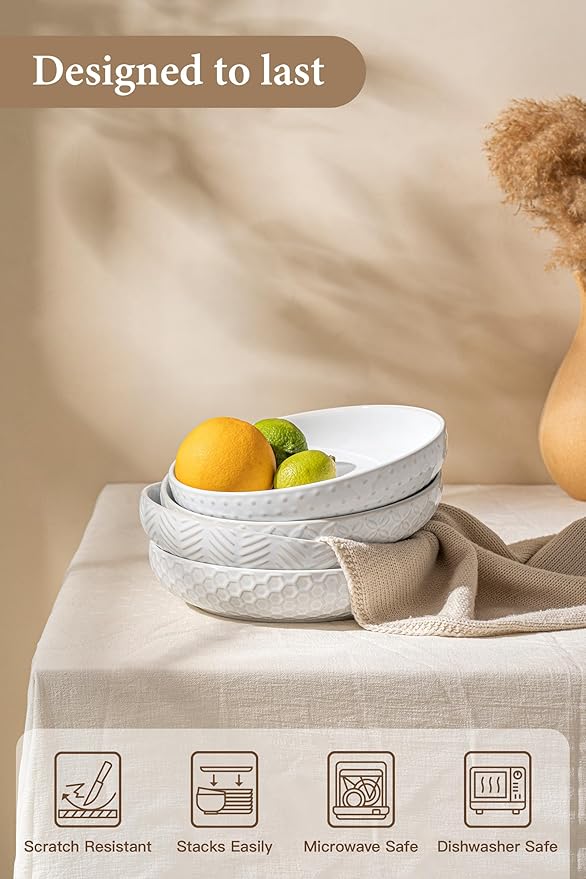 Embossed Ceramic Pasta Bowls, 42 oz Bowl Plates Set,9-Inch Large Serving Bowls Set of 4, Perfect for Pasta, Salad, Fruit, Sturdy&Stackable, Microwave & Dishwasher Safe
