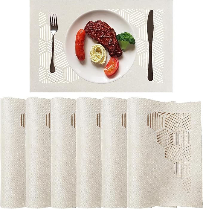 Cloth Placemats Set of 6 for Dining Table, Decorative Placemats with Hollow Design Table Cloth Set, Table Mats for Dining Table 12"x18" Cream