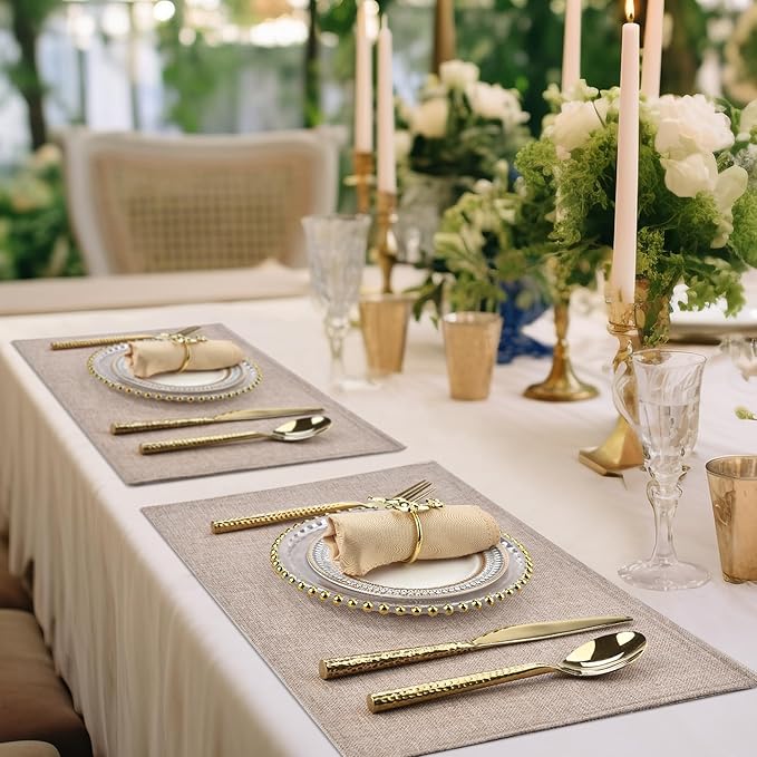 SLKQG Linen-Look Placemats Set of 6, Heat Resistant & Machine Washable Double-Layered Cloth Placemats for Dining Table, Indoor/Outdoor Use, Non-Slip Kitchen Table Mats (6, Natural Linen)