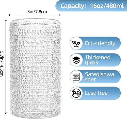 16oz Hobnail Drinking Glasses Set of 12, Vintage Large Capacity Embossed Clear Tumblers, Highball Glasses for Water, Cocktail, Beer, Whiskey, Juice & Bar Use