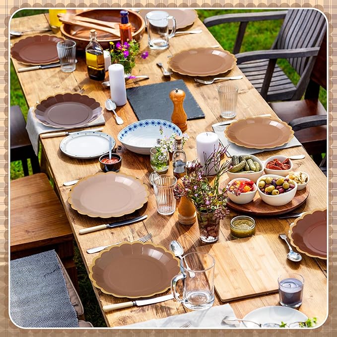 96 Pcs Brown Paper Plates 9 Inch Gradient Brown Scalloped Paper Disposable Dinner Dessert Plates for Birthday Wedding Bridal Party Supplies, 6 Colors