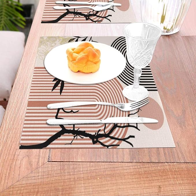 Abstract Mid Century Plant Placemats Boho Retro Tropical Palm Sun Arch Minimalist Modern Aesthetic Geometric Washable Place Mats 12x18Inch for Dining Kitchen Farmhouse Decor 6 PCS
