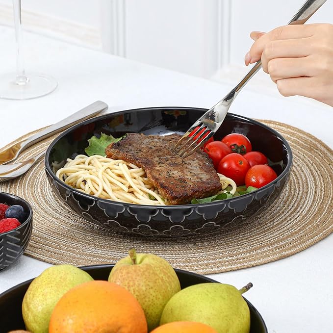 Sureasy 9.7" Pasta Bowls Set of 4-42 oz Large Salad Bowls for Kitchen, Embossed Ceramic Serving Bowls for Fruits, Soup, Pasta and Salad, Microwave & Dishwasher Safe, Black