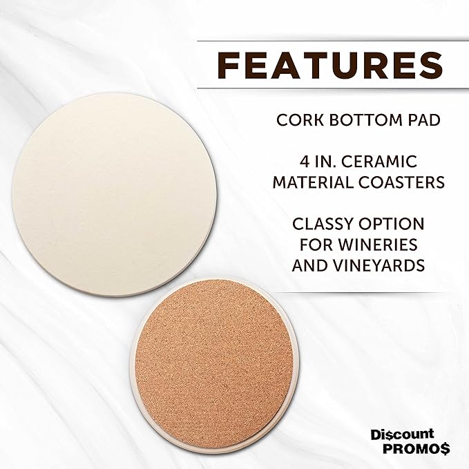 DISCOUNT PROMOS Ceramic Coasters Set of 10, Bulk Pack - 4 Inches with Cork Bottom Pad, Perfect for Hotel, Bar, Restaurant - Natural