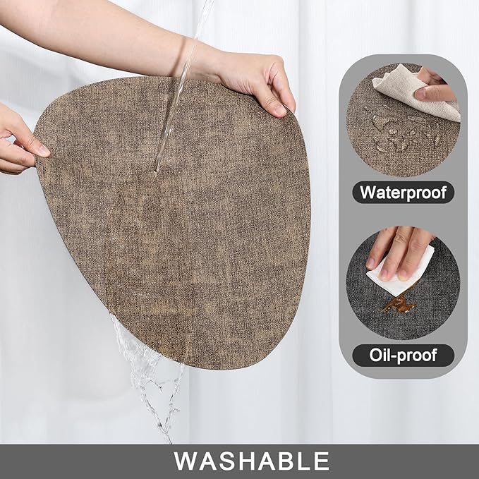 Placemats and Coasters, Washable Reversible Placemats Round Faux Leather Wipeable Place Mats Non Slip Heat Resistant Indoor Outdoor Table Mats (Set of 4, Gray Brown)