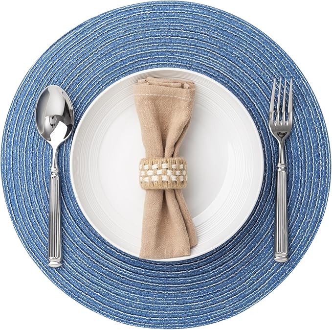 Round Placemats Set of 4 Woven Placemats Washable Braided Table Mats for Dining Table Heat Resistant Non-Slip Circle Place Mats(Mid Blue)