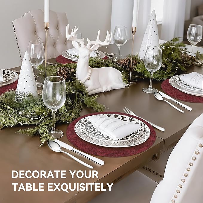 13"Round Placemats Set of 4, Reversible Faux Leather Heat Resistant Table Mats, 100% Waterproof Oilproof Wipeable Table Protective Placemats for Vinyl, Washable for Indoor & Outdoor Use (4, burgundy)