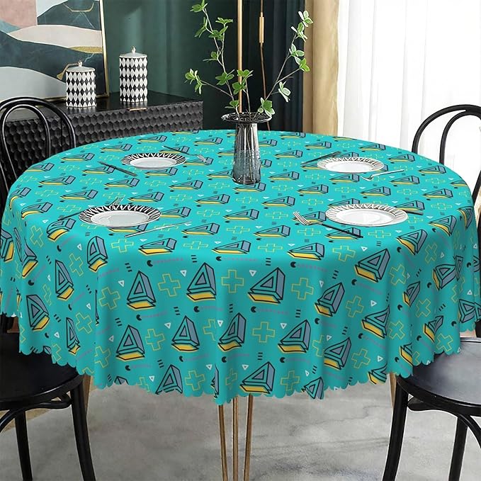 Laeacco 54 Inch Geometric Round Tablecloth Turquoise Triangle Pattern Modern Abstract Art Print Table Cloth Washable Waterproof Wrinkle Free Table Cover for Kitchen Dining Picnic Party Decoration
