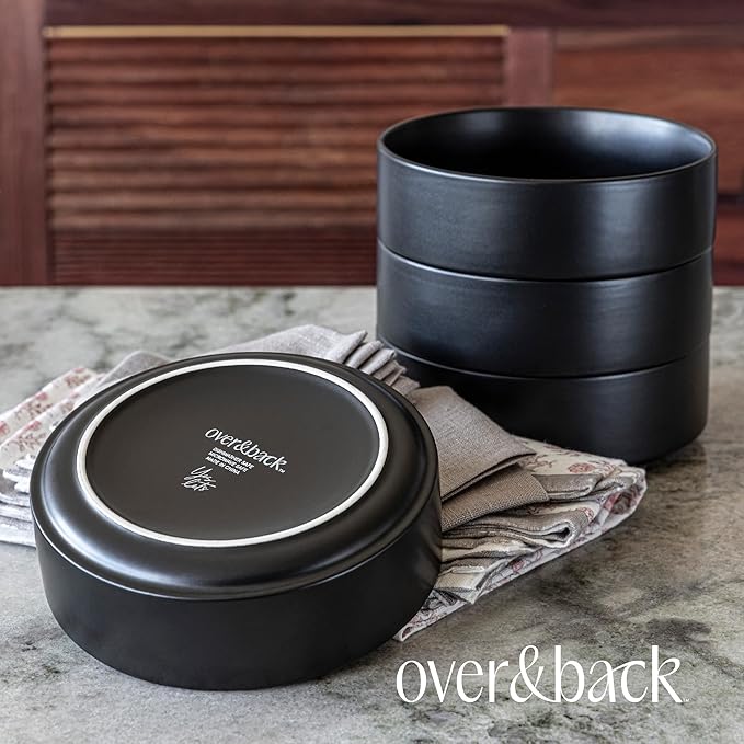 over&back Stackable Cereal Bowl Set - Stoneware Dishes - Comes with 4 Cereal Bowls - Easy-to-Stack Breakfast Place Settings - 6.2" x 6.2" x 2.2" - 25oz - Semi-Matte Black