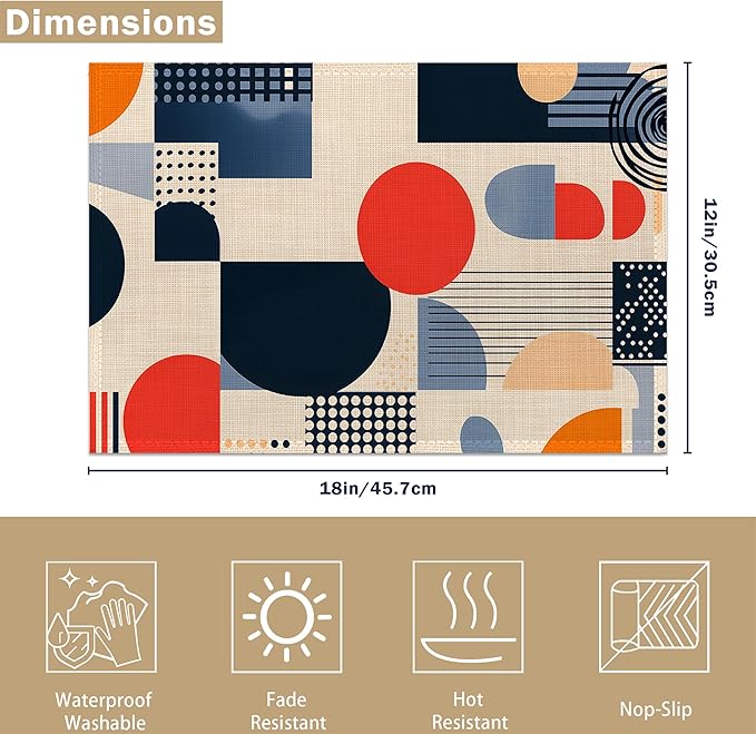 Navy Blue Gray Boho Placemats Set of 6, Linen Washable for Christmas, Thanksgiving, Party, and Daily Dining, Decorative Table Mats for 4-6 Person Table