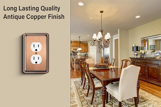 Henne Bery Rope Edge Decorative Wall Plate Switch Plate Outlet Cover (Single Duplex, 2 Pack, Antique Copper)
