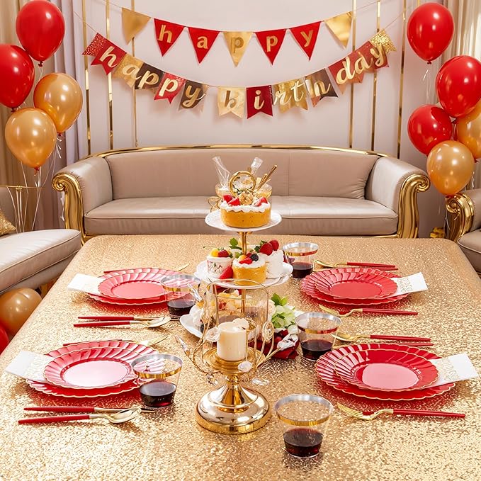 Ciaell 175 PCS Red Scalloped Plastic Plates with Gold Trim - Red Plastic Silverware with Handle - Fancy High-End Dinnerware Sets for Wedding & Valentine's Day & Party