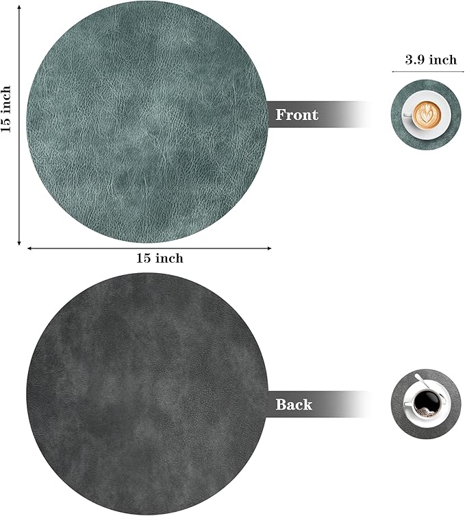 Round Placemats and Coasters Set of 6, Washable Reversible Faux Leather Placemats Cowhide Pattern Place Mats Wipeable Non-Slip 15 inch Round Kitchen Dining Table Mats (Gray Blue Green, 6)