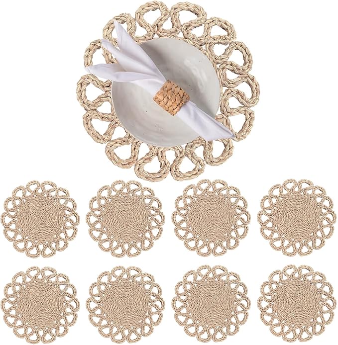 13.8" Set of 8 Round Seagrass Placemats | Boho Woven Rattan Table Mats | Farmhouse Wicker Spring Plate Chargers Like Water Hyacinth, Seagrass for Wedding, Party, Christmas, Events