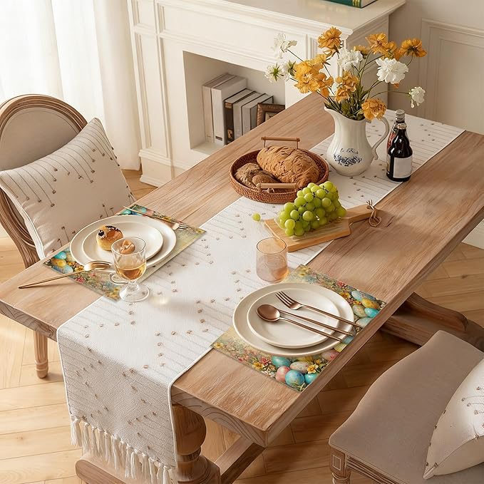 Table Placemats Set of 6, Waterproof Linen Fabric, Non-Slip Backing & Easy Clean, Elegant Dining Table Protectors for Family and Guests(Easter Bunny Spring)