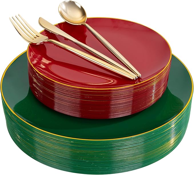 I00000 150Pcs Red and Green Plastic Plates with Gold Rim,Fancy Christmas Plastic Plates,Nice Christmas plates Set include 30 Dinner Plate,30 Dessert Plate, 90 plastic Silverware Set for christmas