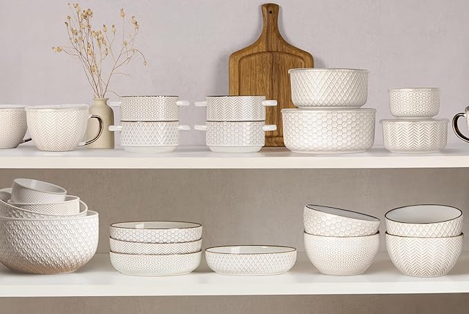 KooK Pasta Bowls, Ceramic, Embossed Serving Bowls For Stews and Salads, Large Capacity, Microwave & Dishwasher Safe, Ivory with Dark Copper Accents, Set of 4, 40 oz, Narbonne Collection