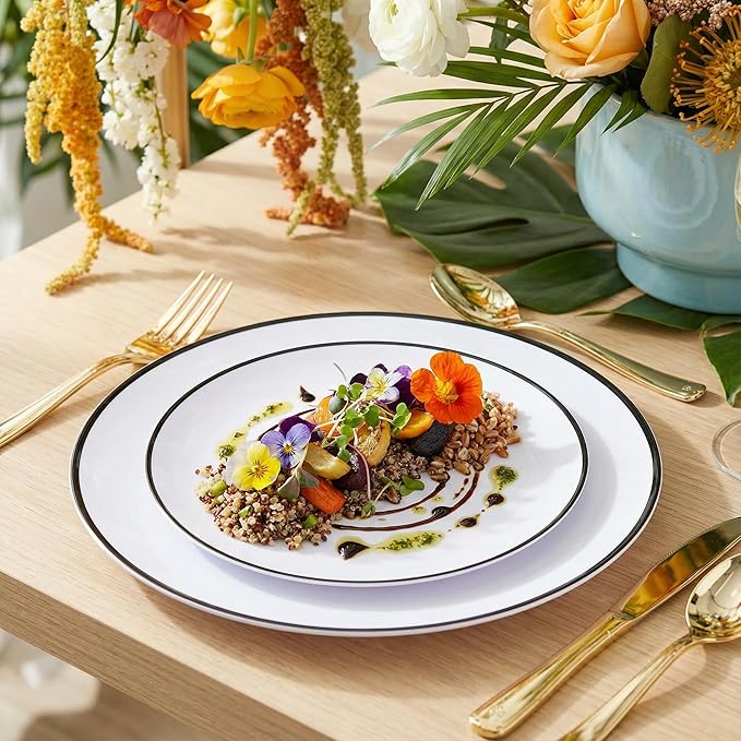 EI 100pcs White and Black Disposable Plates for Party,White Plastic Dinner Plates with Black Rim Disposable,Plastic Dessert Plate for Wedding,Family Party,Afternoon Tea Business New Year