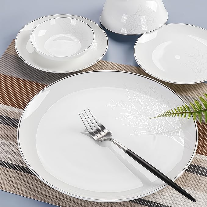 Fine Bone China Dinnerware Set,Porcelain&Ceramic Dinnerware Sets,Bone Stoneware&Ceramic Cookware Tableware Set Includes Dinner Plates|Spoons|Pasta Bowls|Soup Pot|Chopsticks (60PCS * 16-Person Set)