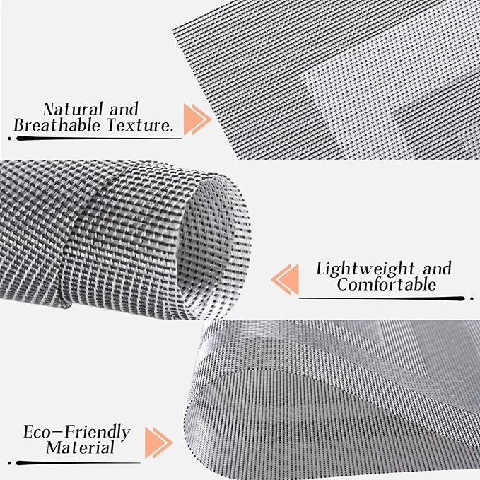 Timeet Gray Placemats Set of 6, Heat Resistant Non-Slip Place Mats, Durable Washable PVC Vinyl Woven Table Mats, Wipeable Placemats for Dining Table Easy to Clean