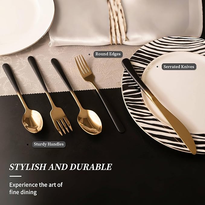 Black Silverware Set for 4 Elegant 20 Piece Flatware Set 18/10 Stainless Steel Nice Weight Mirror Polished Unique Black Gradual Change Gold Cutlery Utensils Sets for Home Kitchen Restaurant