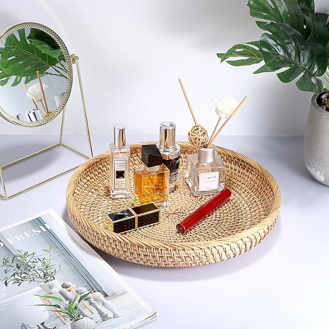 Hipiwe Round Key Basket Bowl for Entryway Table, 11.8" Large Rattan Tray Decorative Ottoman Trays Centerpiece for Coffee Table, Hand-Woven Fruit Basket Wicker Serving Trays