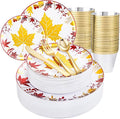 KIRE 150PCS Thanksgiving Plates Dinnerware Maple Leaves - Plastic Thanksgiving Plates with Gold Silverware Include 25Dinner 25Salad 25Forks 25Knives 25Spoons 25Gold Cups