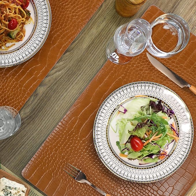Jovono Faux Leather Placemats Set of 4, Waterproof Heat Resistant Dinner Place Mats for Dining Table, Non-Slip Crocodile Embossed, Brown (17.8x11.8 Inch)