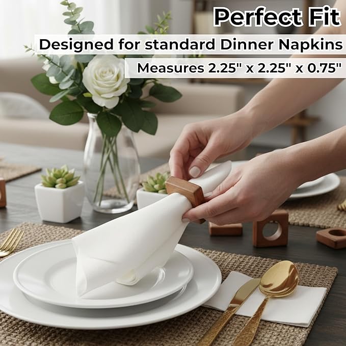 CLEENTABLE Wooden Napkin Rings Set of 12 Fall Decor for Home Square Acacia Wood Napkin Holders for Dining Table Settings Wood Napkin Ring Rustic Table Décor for Weddings, Parties, and Everyday Use