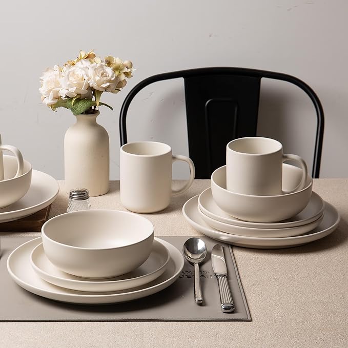 12-Piece Stoneware Dinnerware Set with Mugs | Microwave and Dishwasher Friendly | Stackable Matte Glaze Plates & Bowls | Service for 3 (White for 3)