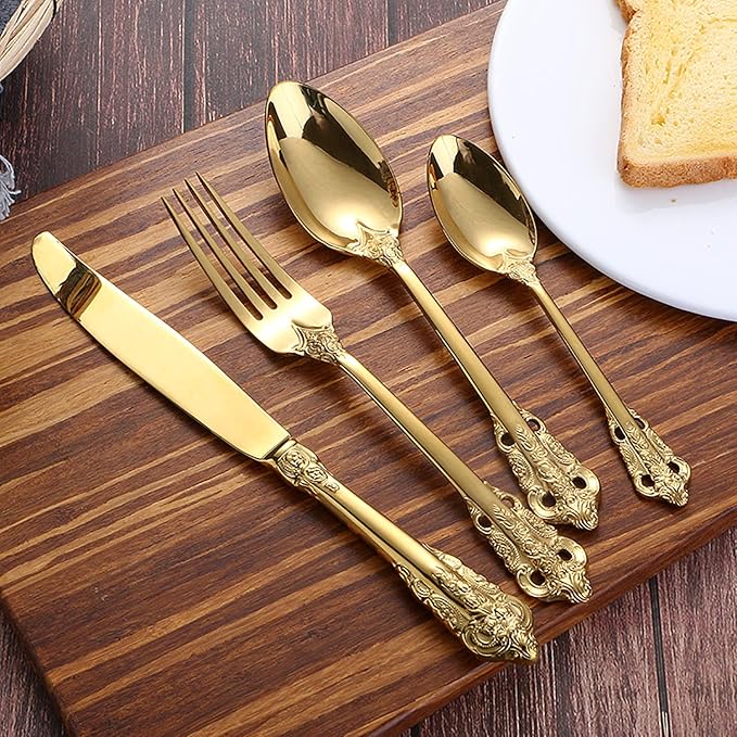Gold Silverware Set 18/10 Stainless Steel Flatware Sets Palace Style 56 Piece Delicate Cutlery Set for 14 Durable Home Kitchen Wedding Tableware Utensil Include Knifes Teaspoons Forks and Spoons