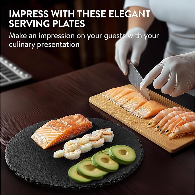 Navaris Slate Plates - Food Contact Safe Black Stone - Cheese Platter Serving Charcuterie Boards - Round Slate Tray Slab Plate Cheese Board - Set of 4 11" Plates (28 cm)