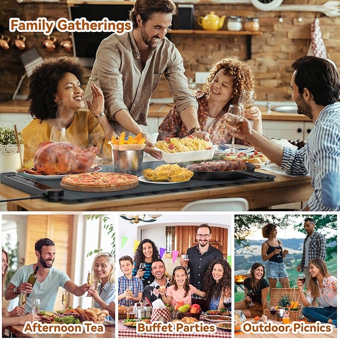 Food Warming Mat Electric Tray: Adjustable Silicone Heating Pad with 3 Temperature Settings 4 Timer Function Portable Roll Up Hot Plate for Buffets Party Gatherings Kitchen Countertop Black Gray