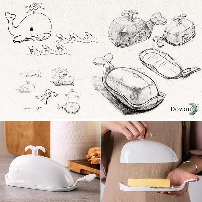 DOWAN Porcelain Butter Dish With Cutting Measuring Line, Large Whale Butter Dish with Cover of Non-slip Design, Ceramic Butter Dishes with Handle for East/West Coast Butter, Soft White