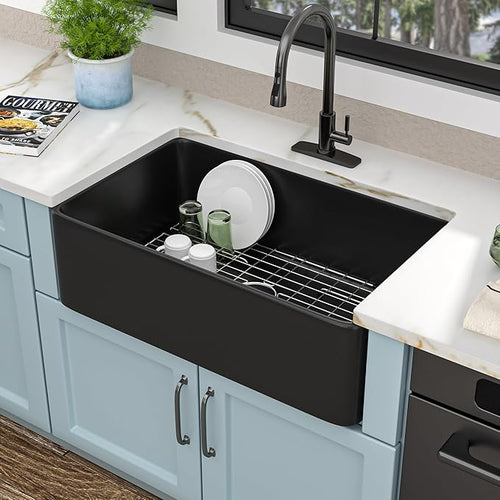 33"x20" Black Farmhouse Sink – Flat Apron Front Matte Black Porcelain Ceramic Fireclay Deep Single Bowl Farm Kitchen Sink Basin