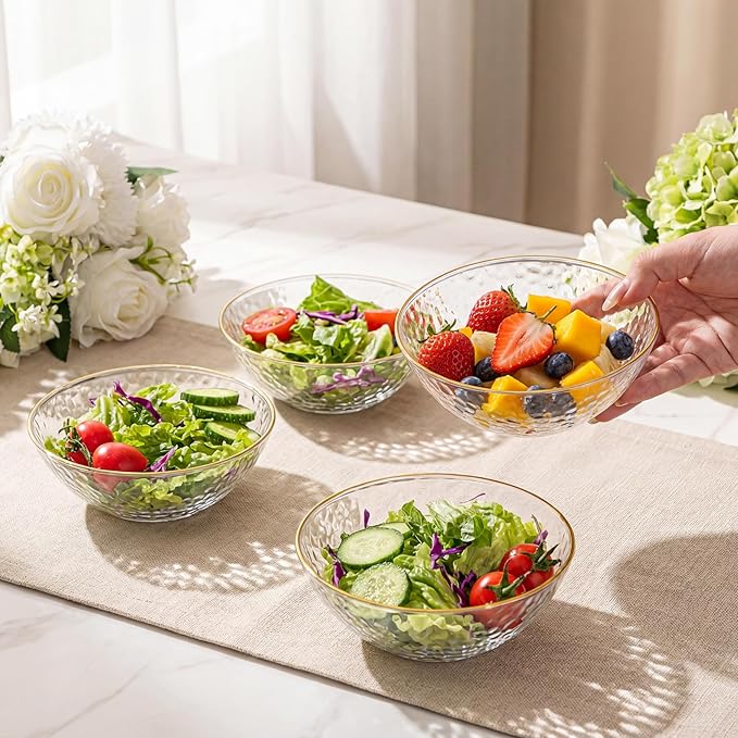Tinybee 50 Pack Clear Plastic Bowls - Clear Disposable Bowls for Party with Gold Rim, 16-20oz Premium Hammered Bowls Disposable Heavy Duty, Plastic Salad Bowls for Milk Cereals, Snacks, Salads