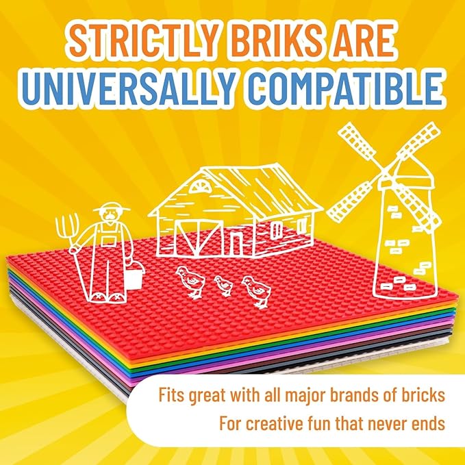 Strictly Briks Stackable Baseplates - 12 Pack 10"x10", 32x32 Studs, Compatible with Lego for Building City Scenes, Foundation, Displays Bricks on Play Table, Kids Easter Gift, Rainbow