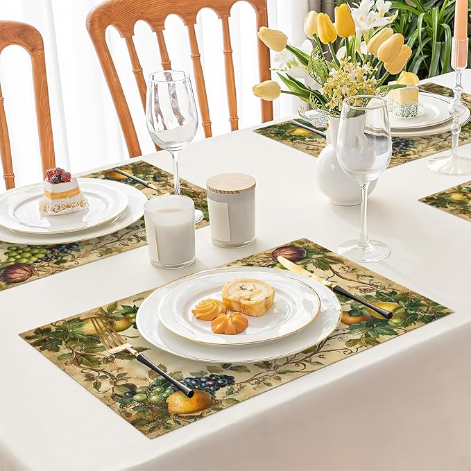 Fruit Placemats Set of 4, Fruits Grape Table Mats, Washable Place Mats for Home Party Indoor Kitchen Dining Table Decoration 12x18 Inch