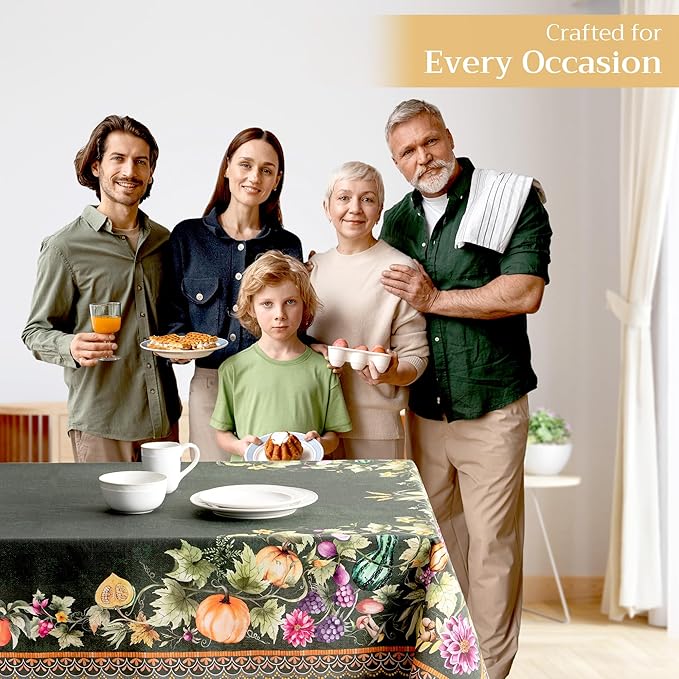 Maison d' Hermine Table Cloth Rectangle Table 100% Cotton 60 x 90 Inches Fall Tablecloth Reusable Everyday Use for Thanksgiving Christmas Decorations Dining Farmhouse (Pumpkin Garden - Dark Green)