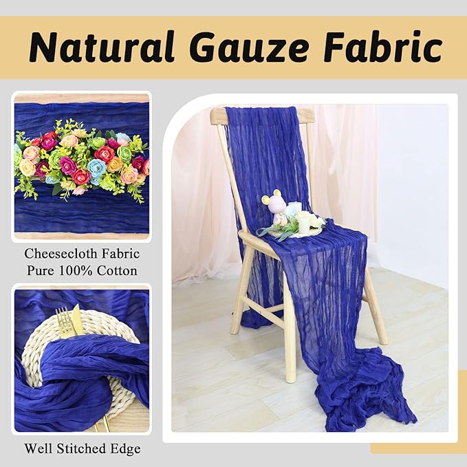 Blue Cheesecloth Gauze Table Runner 10FT x 36" Cotton Cheese Clothes Rustic Wedding Decorations Sheer Gauze Fabric Royal Blue Runners for Tables Boho Linen Cheese Table Runner for Bridal Shower Party