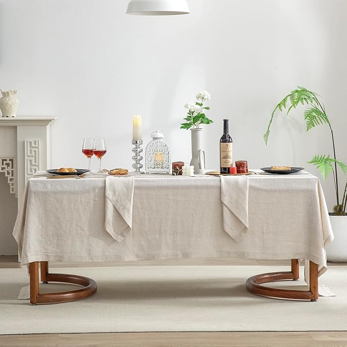 EVERLY Pure Linen Hemstitch Tablecloth,100% Stonewashed French Linen tablecloths for Kitchen Dining Rectangle Tables,60x132Inch Machine Washable Christmas Thanksgiving Organic Tablecloth-Natural Linen