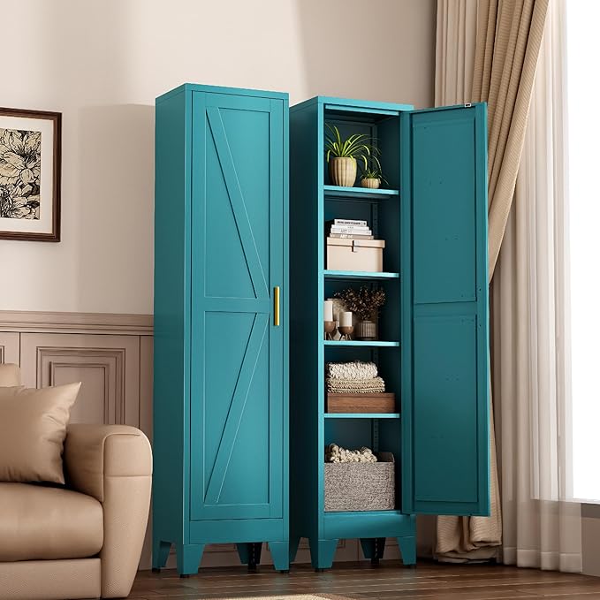 Narrow Metal Cabinet with 4 Adjustable Shelves and Barn Doors,Tall Bathroom Storage Cabinet, Metal Pantry Organizer for Kitchen,Home Office, Dining Room,Blue