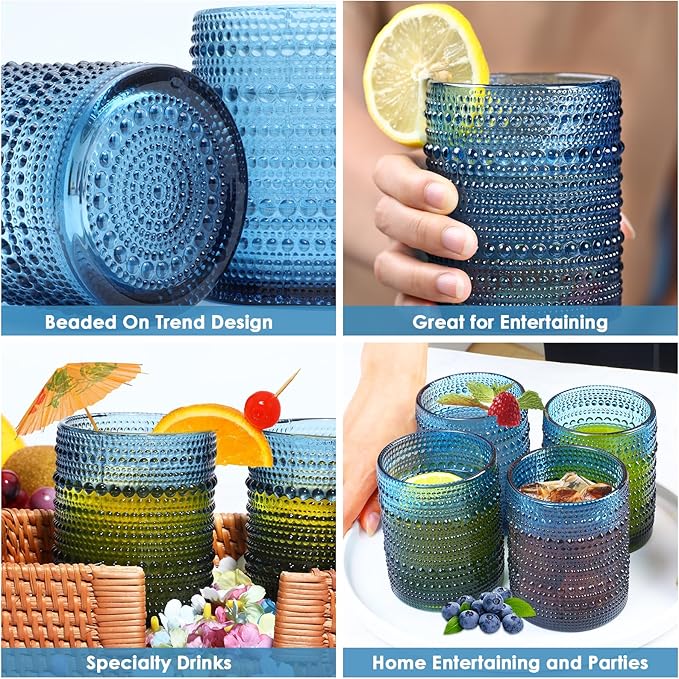 Hobnail Drinking Glasses Set of 6,12oz Blue Vintage Glassware,Cocktail Glasses,Embossed Glass Cups,Water Tumbler for Whiskey, Juice and Various Mixed Drinks
