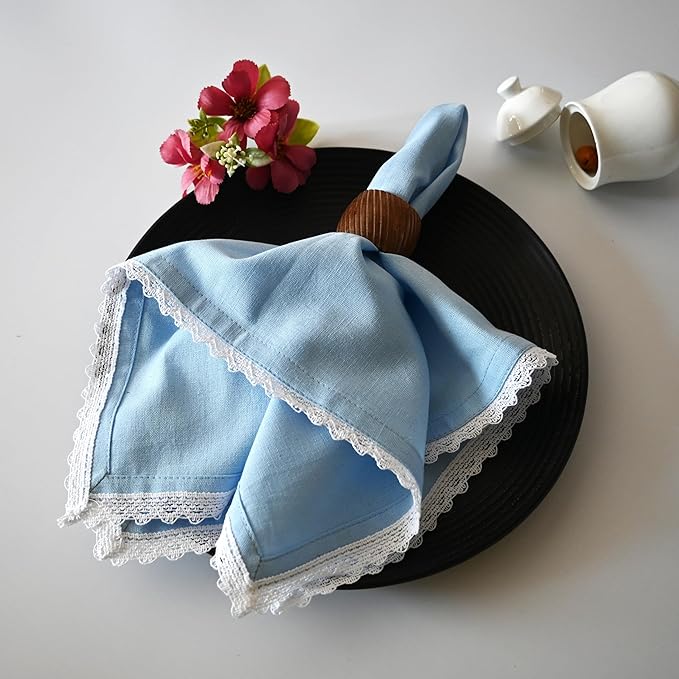 Fingercraft Dinner Cloth Napkin Cotton Linen Blend 12 Pack Mitered Corners with Elegant Lace for Everyday Use Napkins are Pre Shrunk and Good Absorbency Sky Blue, 20in x 20in (Set of 12)