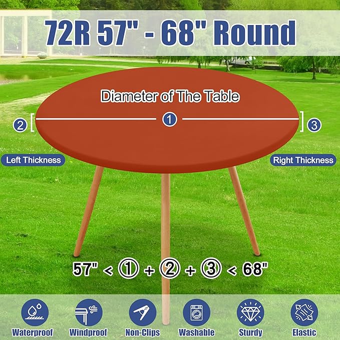 Round Spandex Tablecloth, Elastic Fitted Waterproof Tablecloths for 57"-68" Tables, Stretch Washable Picnic Table Cover for Camping, Dining, Indoor and Outdoor, Rust
