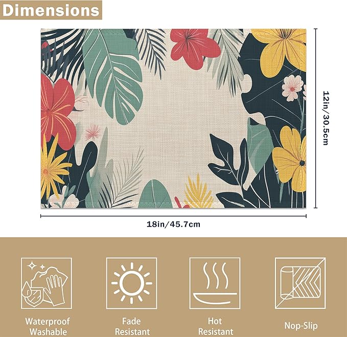 Tropical Floral 12x18 Inch Placemats Set of 6 - Orange Waterproof, Non-Slip & Washable Table Mats for Kitchen & Dining Table Placemats